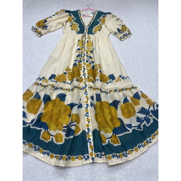 Farm Rio Anthropologie Midi Dress Ivory Puff Sleeve Preppy Retro Boho Small NWT - Picture 2 of 15